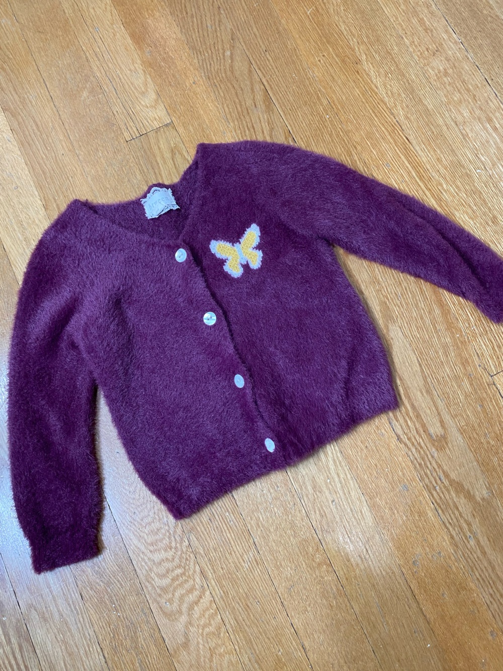 Btween Plum Fuzzy with Yellow Butterfly Button Down Cardigan 3T